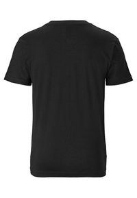 Czarny, krótki rękaw, t-shirt z okrągłym dekoltem widoczny od tyłu, gładki, bez widocznych logo ani wzorów.