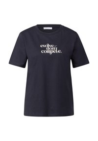 T-shirt en coton bleu marine à manches courtes et col rond. Présente un texte graphique blanc "evolve - don't compete." dans une police stylisée.