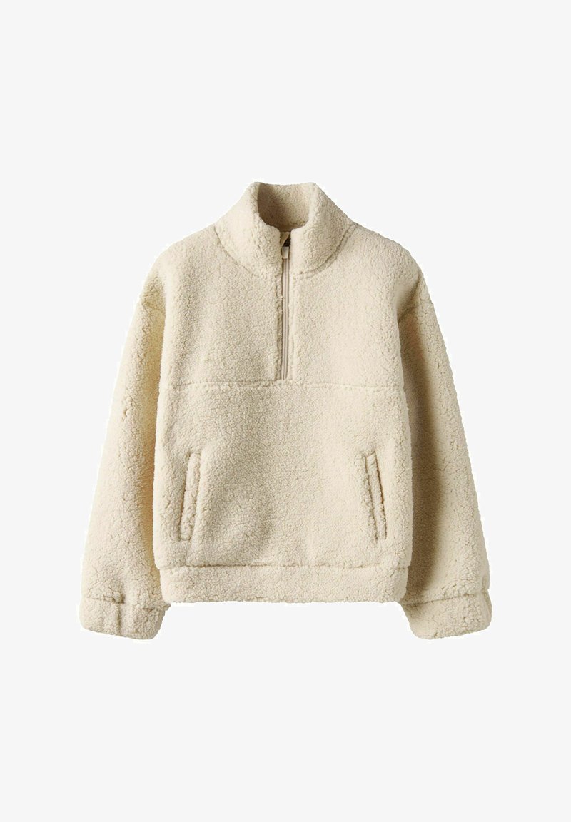 Pullover in pile color crema con colletto alto, zip anteriore a metà e tasche laterali. Materiale testurizzato e morbido con una vestibilità rilassata.