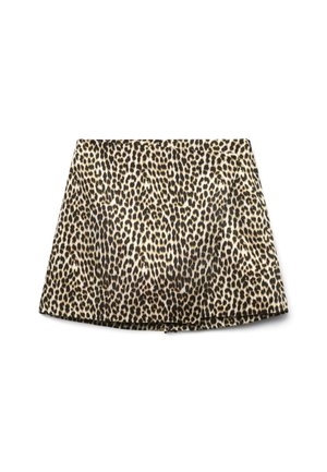 Minigonna stampa leopardata in tessuto liscio, forma svasata e orlo rifinito. I colori includono beige, nero e marrone.