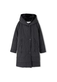 Abrigo puffer negro hasta las rodillas con capucha ajustable, dos bolsillos frontales y un patrón acolchado. Forro interior suave para mayor calidez.