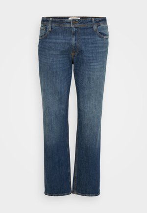 Dark blue denim jeans with a straight leg design, featuring five pockets, a button closure, and subtle fading for texture.