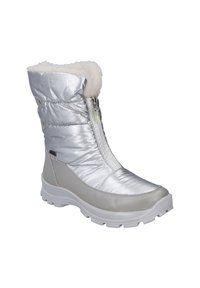 Botas de invierno acolchadas plateadas con forro de piel sintética, cierre de cremallera y suela de goma blanca. Textura suave y acabado ligeramente brillante.
