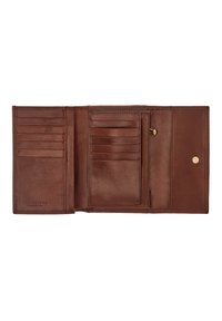 Portafoglio in pelle marrone con più scomparti per carte e tasca per monete, cuciture dettagliate e chiusura a scatto per maggiore sicurezza.