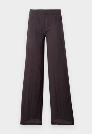 Dark grey wide-leg trousers made from lightweight, textured fabric with a smooth finish, featuring front pockets and a classic waistband.