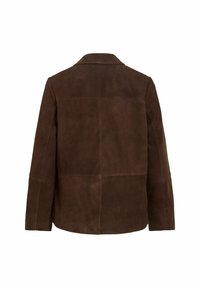 Veste en suède marron foncé vue de dos avec manches longues et détails de coutures visibles sur fond blanc uni.