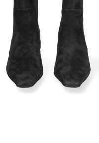 Bottines en suède noir avec un design à bout pointu. Texture lisse et sans matériel visible. La tige est légèrement au-dessus de la cheville.