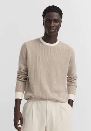 Junger Mann mit kurzen lockigen Haaren, der einen beigen texturierten Pullover mit weißen Bündchen und Kragen sowie helle Hosen vor einem einfarbigen Hintergrund trägt.