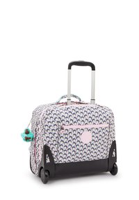Valigia con ruote con un esterno in tessuto a motivo che presenta accenti rosa, blu e bianchi. Ha un manico retrattile e un ciondolo staccabile.