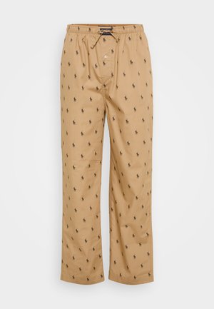 Beige pants with a relaxed fit, featuring a drawstring waist and small black horse motifs throughout. Smooth fabric and straight legs.