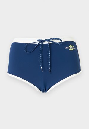 Μπλε ναυτικό μαγιό με λευκή μέση και διακόσμηση, με κορδόνι στη μπροστινή πλευρά και μικρό κίτρινο-πράσινο λογότυπο Billabong στη δεξιά πλευρά.