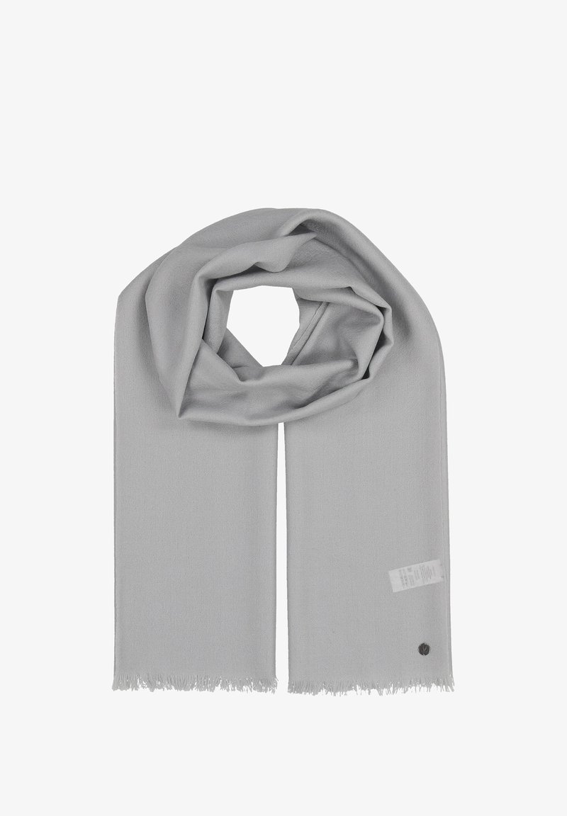 Hele halli sall pehmest kangast, millel on frantsi servad, ovaalne kuju ja väike silt ümmarguse logoga.