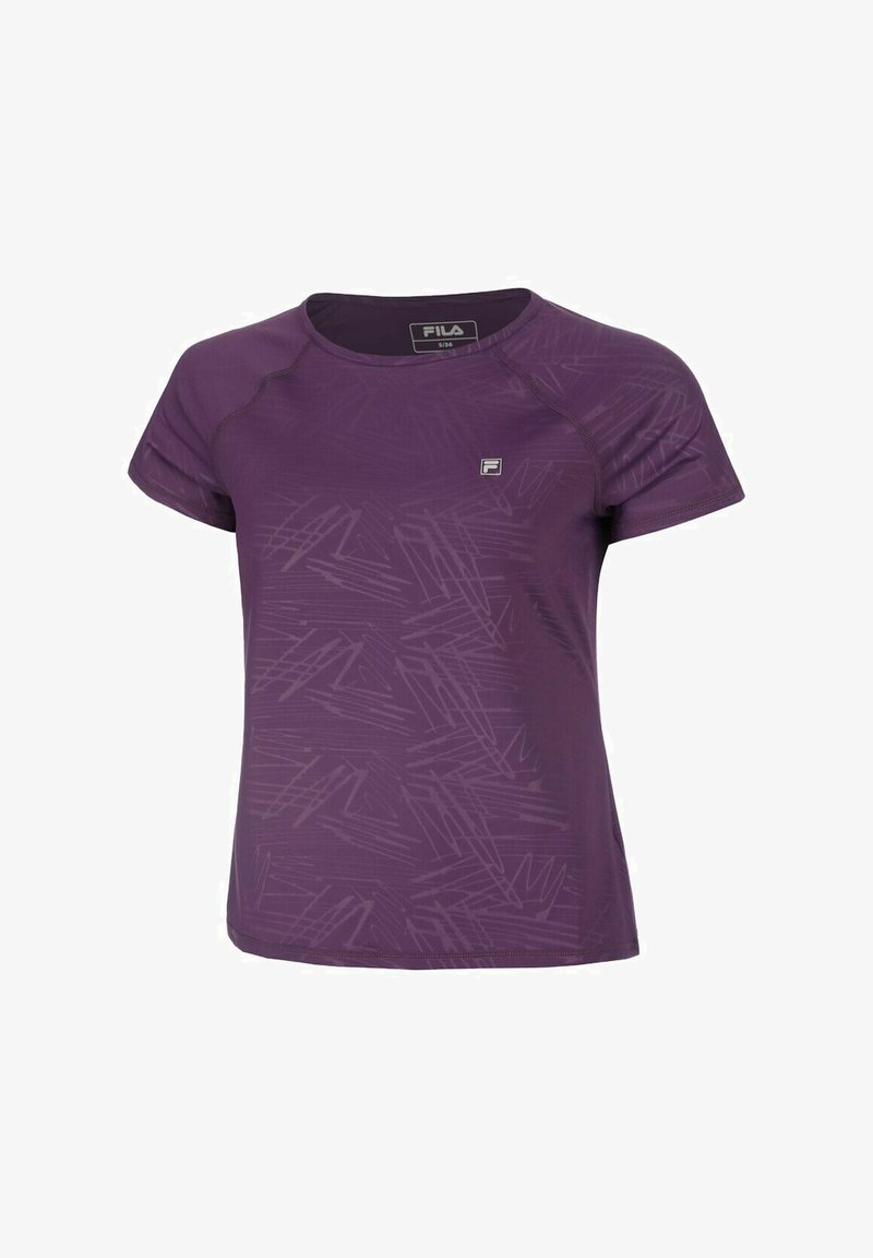 Camiseta deportiva morada hecha de un tejido ligero. Cuenta con un patrón texturizado y mangas cortas. Incluye el logo de Fila en el pecho.