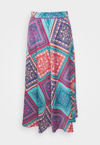 Dlouhá sukně s vícebarevným potiskem bandany v odstínech červené, modré, zelené a fialové. Plovoucí design s přiléhavým pasem.