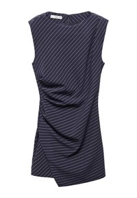 Robe sans manches bleu marine avec des rayures blanches en diagonale et un détail froncé à l'avant, longueur genoux avec un col rond.