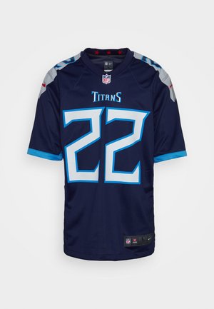 Navy-farbenes Tennessee Titans NFL Footballtrikot mit der Nummer 22 in Hellblau und Weiß, kurzen Ärmeln und Teamlogos auf Schultern und Brust.