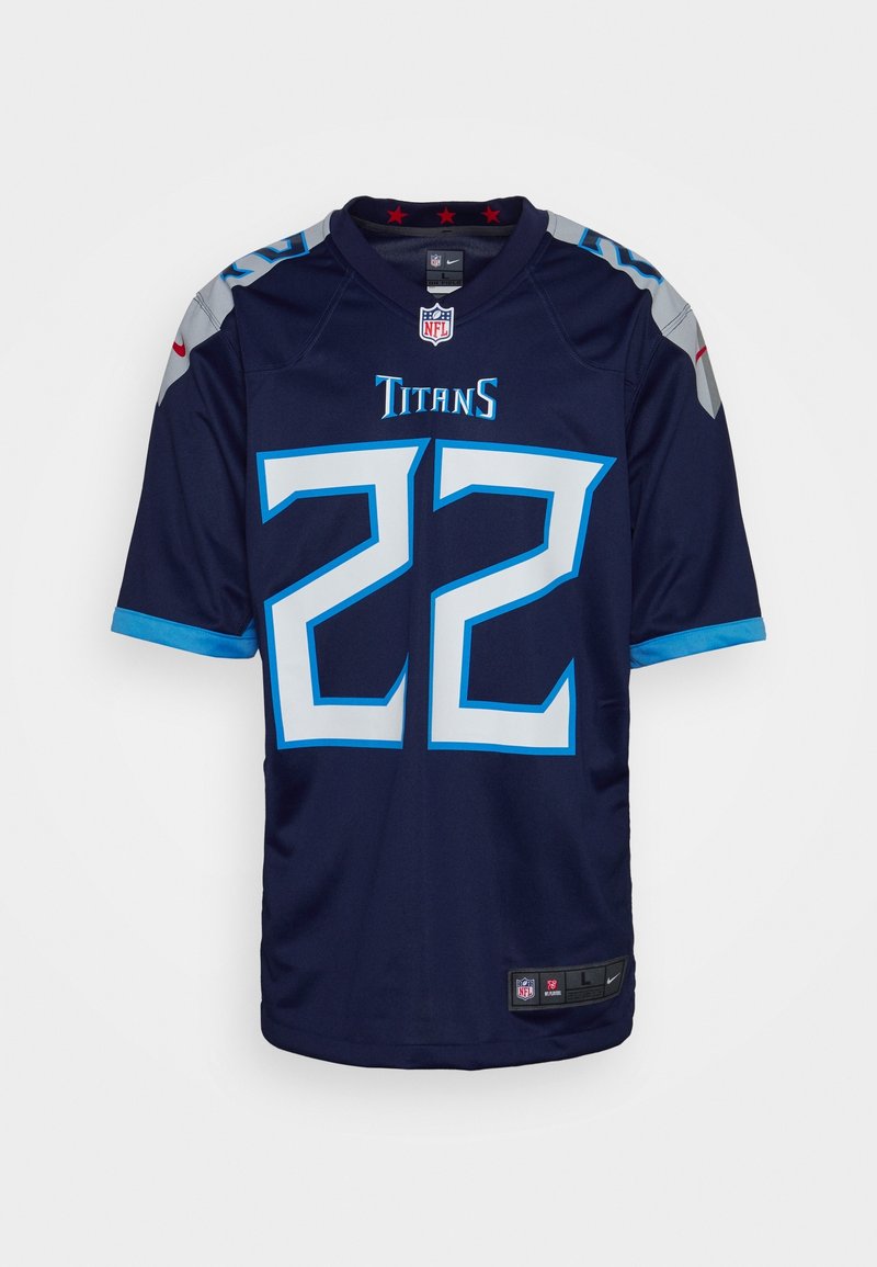 Maillot de football NFL des Tennessee Titans bleu marine avec le numéro 22 en bleu clair et blanc, manches courtes, avec logos de l'équipe sur les épaules et la poitrine.