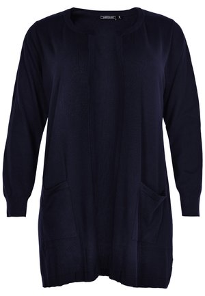 Marineblauwe cardigan van zacht breimateriaal, met lange mouwen, een open voorkant en twee voorzakken.