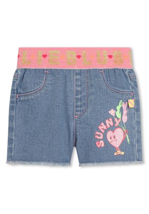 Shorts de mezclilla con una cinturilla elástica rosa y brillante, que presentan un diseño bordado de "SUNNY" con un corazón y globos en la parte delantera.