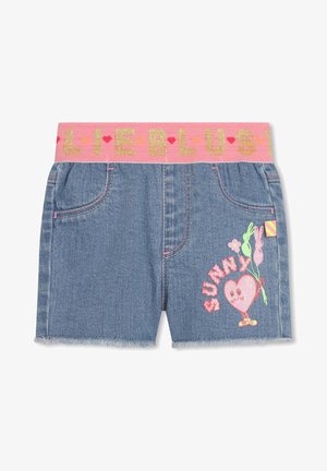 Shorts de mezclilla con una cinturilla elástica rosa y brillante, que presentan un diseño bordado de "SUNNY" con un corazón y globos en la parte delantera.