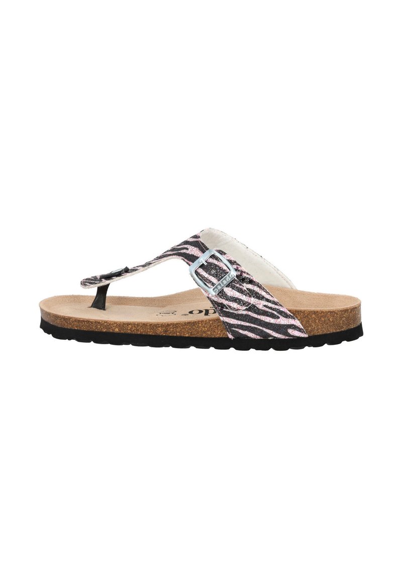 Infradito piatti con tomaia a stampa zebra rosa e nera, soletta in sughero e suola in gomma nera; presenta una fibbia in metallo argentato.