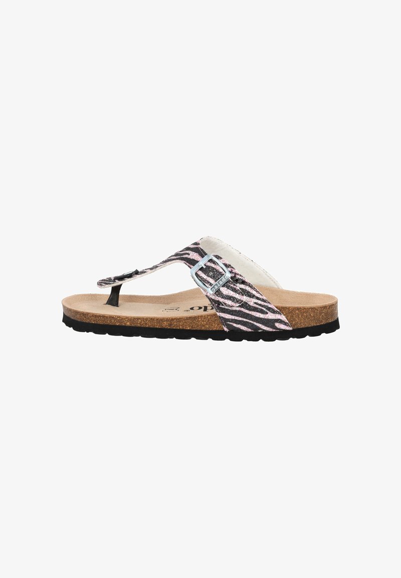 Flade flip-flop sandaler med en overdel i pink og sort zebra mønster, kork sål og sort gummisål; har en sølvmetal spænde.