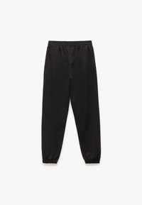 Sorte tapered sweatpants med elastisk talje og indsamlede manchetter, lavet af et glat stof uden synlige mønstre eller hardware.