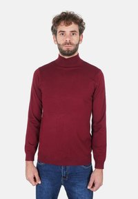 Maglione dolcevita bordeaux realizzato in tessuto morbido, con maniche lunghe e design aderente, abbinato a jeans di denim blu.