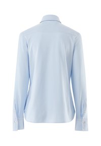 Hellblaues Langarmhemd mit weißen vertikalen Streifen, Kragen und geknöpften Manschetten. Glatter Stoff mit lockerem Sitz.