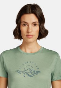 Camiseta de manga corta verde claro, hecha de material suave, con un gráfico de montaña azul y el texto "ICEBREAKER" en un diseño circular.