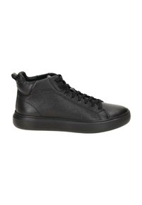 Black high-top sneaker made of textured leather, featuring a rounded toe, lace-up design, and a smooth rubber sole.