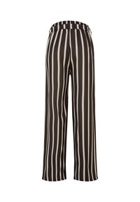 Pantalon taille haute à jambes larges avec rayures verticales noires et blanches, taille élastique et coupe ample, vu de dos sur fond blanc.