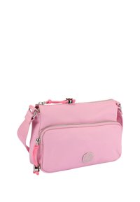 Borsa a tracolla sintetica rosa con hardware argentato, due tasche con zip, tracolla regolabile e un logo sulla parte anteriore.