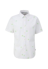 Kurzärmliges weißes Hemd aus Baumwolle mit grünen Palmenmustern und einem Button-Down-Kragen. Enthält vordere Knöpfe und einen abgerundeten Saum.