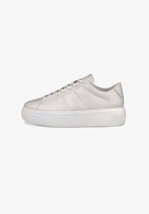 White leather sneakers with a smooth texture, rounded toe, and flat white sole. Features six eyelets and side stripes for detail.