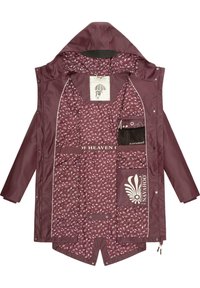 Maroon rain jacket with a floral-patterned inner lining, hood, snap closures, and multiple interior pockets displaying brand details.