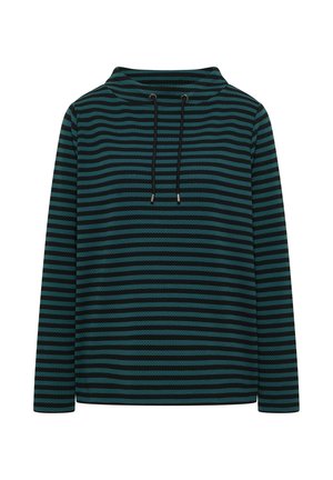 Jersey a rayas con un cuello alto, que presenta rayas horizontales en tonos azul marino y negro. Tiene mangas largas y un cordón en el escote.