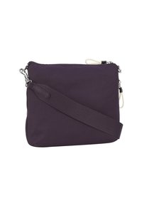 Borsa a tracolla viola in tessuto con chiusura a zip, tracolla regolabile e dettagli bianchi. Presenta una forma rettangolare e una superficie texturizzata.