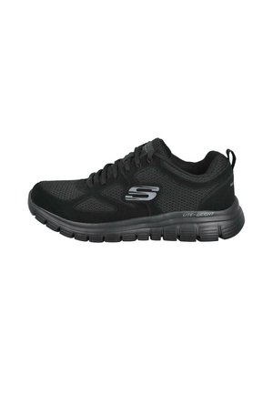 Zapatilla deportiva negra con parte superior de malla, cierre con cordones, suela flexible y un logo de la marca en el lateral y en la lengüeta.