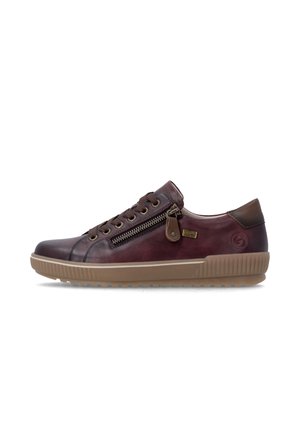 Low-cut dark brown leather sneaker with lace-up front, side zipper, and light brown rubber sole, shown from the outer side.