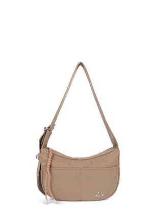 Sac d'épaule beige en forme de croissant avec une sangle ajustable, une poche frontale, un logo cœur argenté et un cordon de serrage orange sur fond blanc.