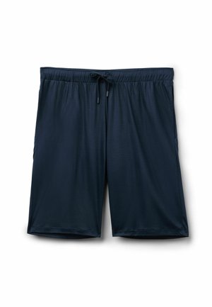 Tmavě modré pánské sportovní šortky s elastickým pasem a nastavitelným šňůrkovým stahováním, sahající do poloviny stehna, zobrazené na bílém pozadí.