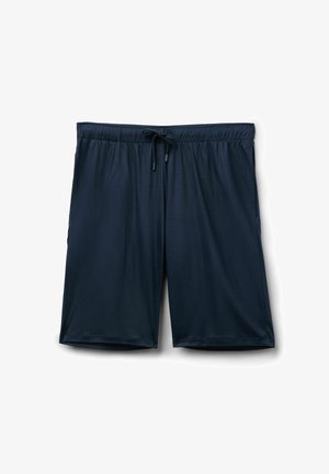 Donkerblauwe atletische herenshorts met elastische tailleband en verstelbare trekkoord, tot halverwege de dij, plat liggend op een witte achtergrond.