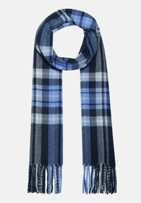 Sciarpa a quadri blu e blu navy realizzata in morbido tessuto, con estremità frangiate e design rettangolare adatta per avvolgere o drappeggiare.