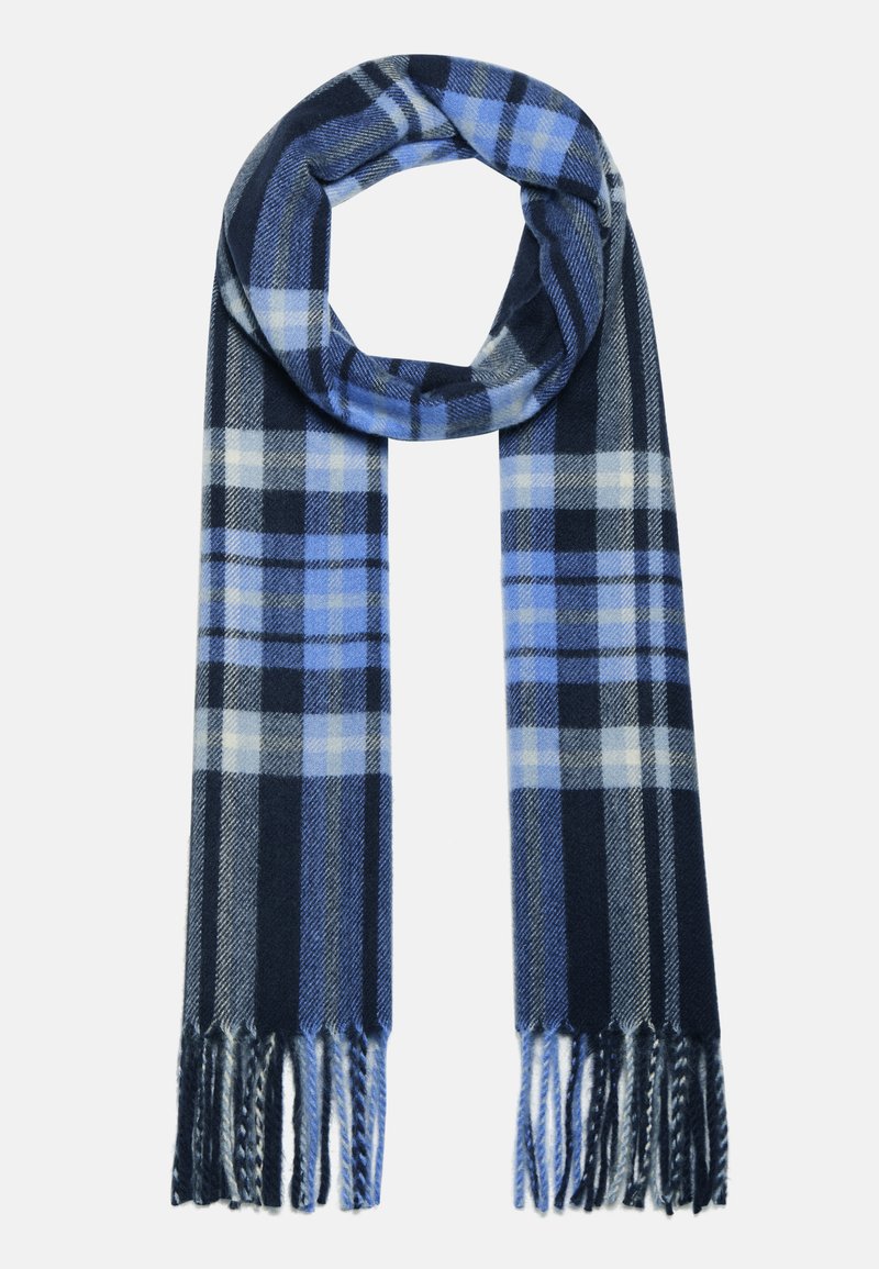 Sciarpa a quadri blu e blu navy realizzata in morbido tessuto, con estremità frangiate e design rettangolare adatta per avvolgere o drappeggiare.