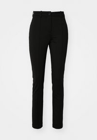 Black polyester trousers with a slim fit, flat front, and a single button closure, featuring front crease details and no visible pockets.