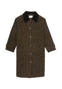 Manteau en imprimé léopard de couleur vert foncé et marron, avec un col en velours côtelé, des boutons pression dorés et des poches latérales. Manches longues avec poignets repliés.