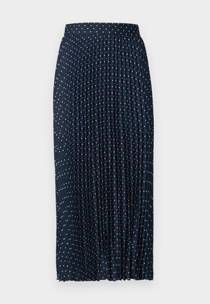 Gonna plissettata blu con pois bianchi, dotata di una vita strutturata, tessuto fluido e design a lunghezza completa.