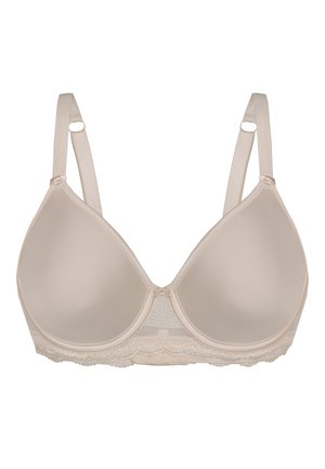 Beiger BH mit formenden Schalen, Spitzenkante am unteren Rand, verstellbaren Trägern und einem subtilen Glanz auf dem Stoff für zusätzliche Textur.