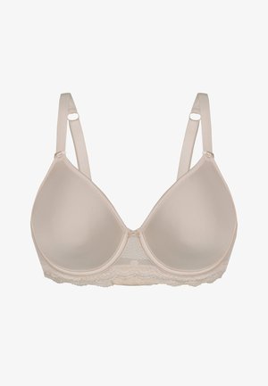 Beiger BH mit formenden Schalen, Spitzenkante am unteren Rand, verstellbaren Trägern und einem subtilen Glanz auf dem Stoff für zusätzliche Textur.